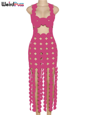 Weird Puss Hollow Dress Skinny Tassel See Through Bodycon