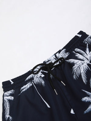 Men Random Palm Tree Print Shirt & Drawstring Waist Shorts Without Tee