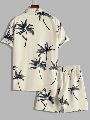 Men Random Palm Tree Print Shirt & Drawstring Waist Shorts Without Tee