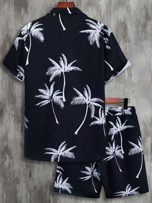 Men Random Palm Tree Print Shirt & Drawstring Waist Shorts Without Tee