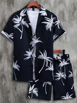 Men Random Palm Tree Print Shirt & Drawstring Waist Shorts Without Tee