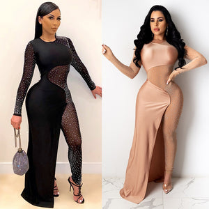 New Fashion Women Mesh Diamonds Stitching Jumpsuits