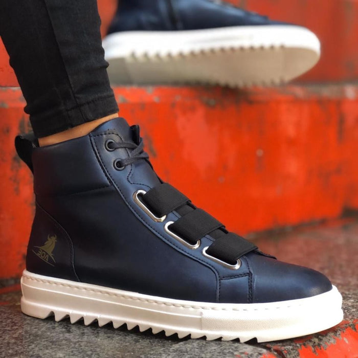 Waterproof Lace-Up Zipper Navy Blue White Base Men 'S Sports Boots