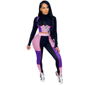 Color Patchwork Full Sleeve Shirt Crop Top  + Long Pant
