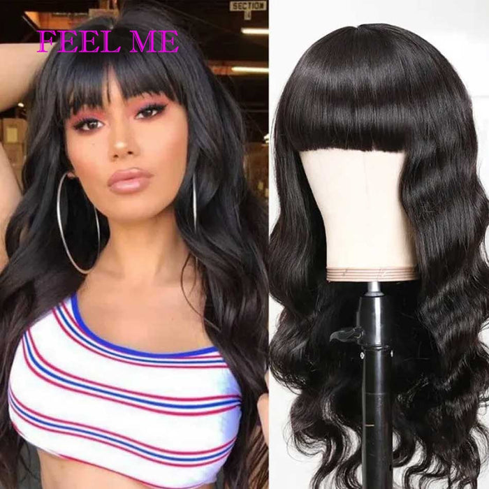 FEELME Human Hair Wigs With Bangs