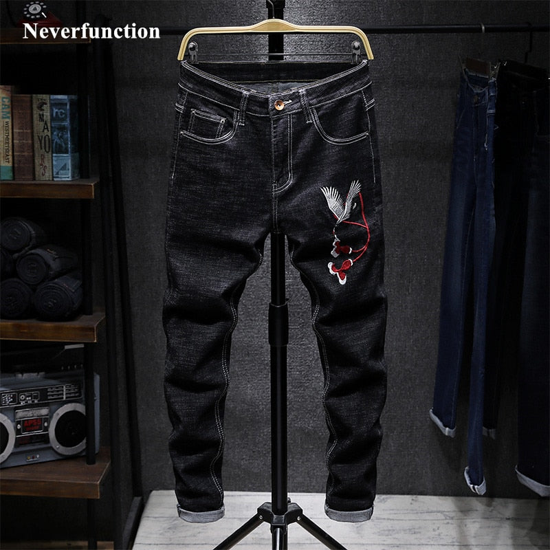 Lion head embroidery biker Straight jeans