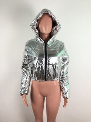 Reflective Silver Leather Winter Jacket Women