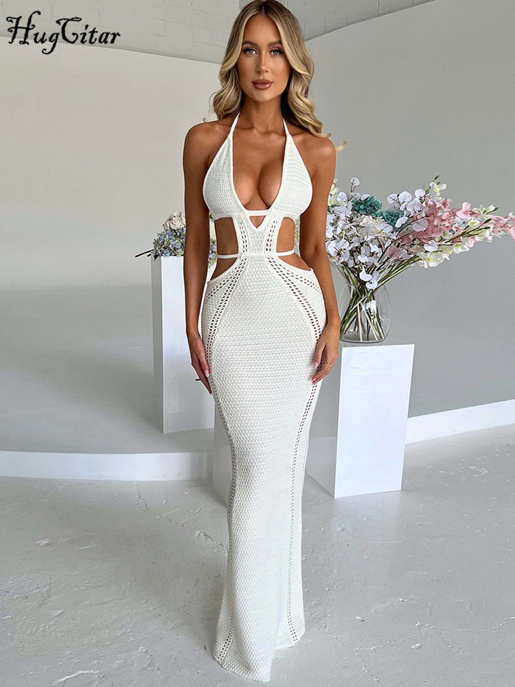 Backless Solid Hollow Out Bandage Sexy Slim Maxi