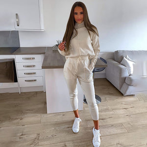 Spring Autumn Women's Solid Color Sport Set Long Sleeve High-neck Sweatshirt